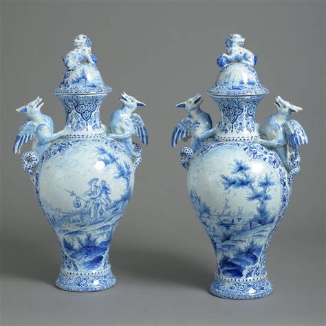 A Large Pair of Blue & White Delft Pottery Vases and Covers | Timothy ...