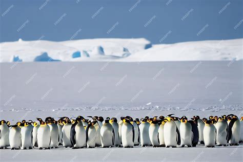 Premium Photo | Large flock emperor penguins standing in snow playing ...