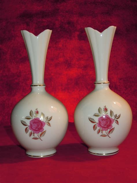 Pair Lenox Vases Rose Flowers Motif White Gold