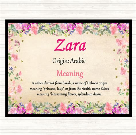 Zara Name Meaning Dinner Table Placemat Floral - The Card Zoo