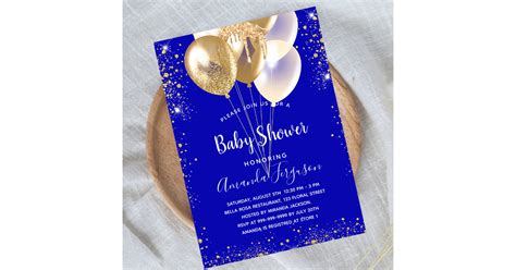 Baby shower royal blue gold balloons luxury invitation | Zazzle