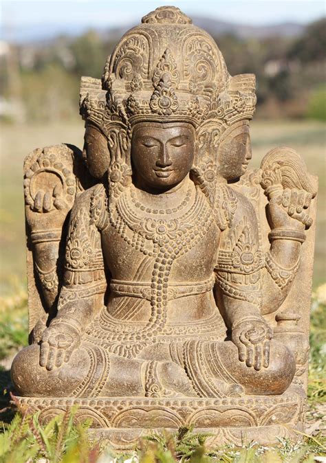 Stone Seated Garden 4 Faced Brahma Statue 23" (#105ls462): Lotus Sculpture