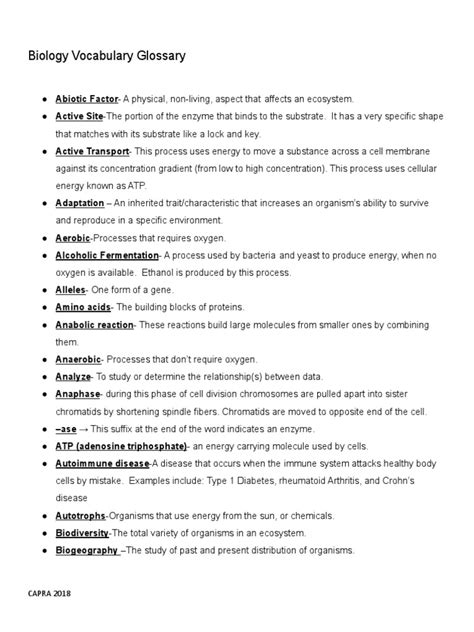 Biology Vocabulary Glossary | PDF | Cell (Biology) | Genetics