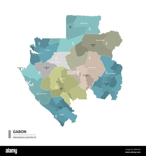 Gabon higt detailed map with subdivisions. Administrative map of Gabon with districts and cities ...