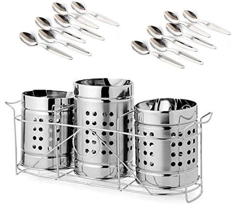 Buy Zero To Infinity Store Stainless Steel Spoon Holder & Stand Set of 3 with 12 Spoons ...