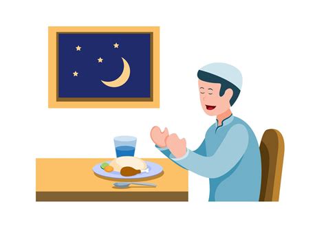 man pray before meal to breaking the fast, muslim activity eating for fasting in ramadan season ...