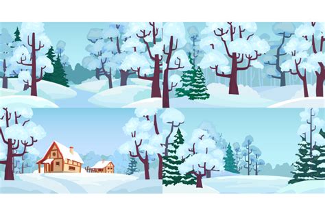 Cartoon winter forest landscapes. Village in woods with snow caps on h ...