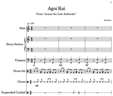 Agni Kai - Sheet music for Sitar, Brass Section, Timpani, Drum Set, Claves, Suspended Cymbal