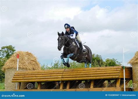 Tattersalls Horse Show in Ireland, Black Horse Jumping Over Obstacle with Male Rider, Jockey ...