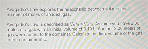 Solved Avogadro's Law explores the relationship between | Chegg.com