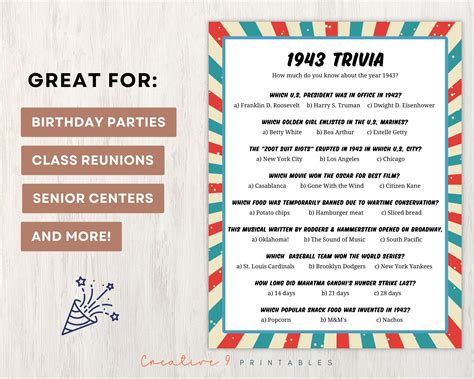 80th Birthday Trivia Game for Adults, 1943 Trivia for Birthday Parties ...