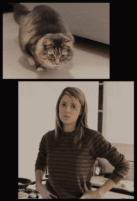 two pictures of a woman and a cat