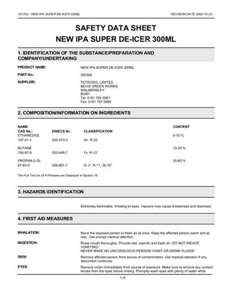 safety data sheet new ipa super de-icer 300ml - Greenham