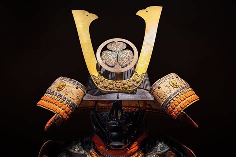 Japanese Kabuto helmet of samurai adorned with coat of arms in Japan ...