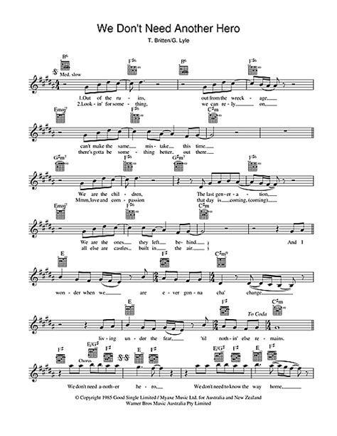 Tina Turner "We Don't Need Another Hero" Sheet Music Notes | Download Printable PDF Score 37955