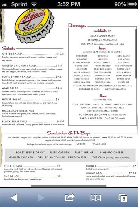 Menu at Ajax Diner restaurant, Oxford