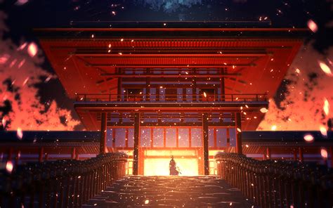 Anime character digital wallpaper, anime, Touken Ranbu, shrine, fire HD ...