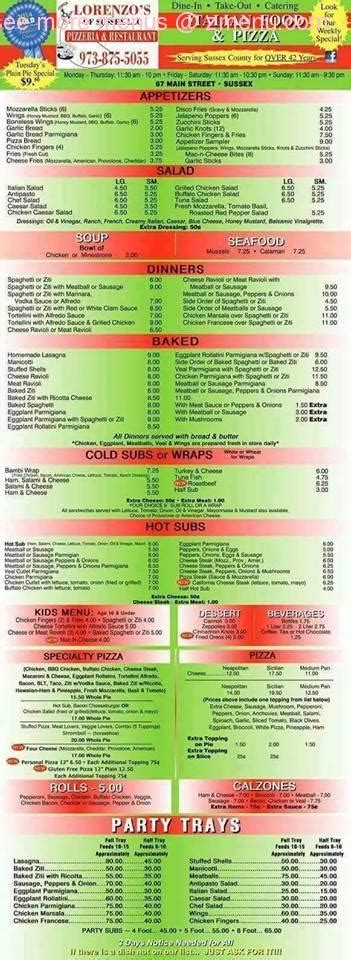 Online Menu of Lorenzos Pizzeria and Restaurant Restaurant, Sussex, New ...