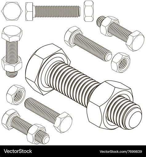 Bolt and nut set all view isometric Royalty Free Vector