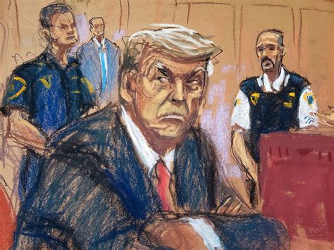 Donald Trump during his arraignment. Courtroom sketch by Jane Rosenberg ...