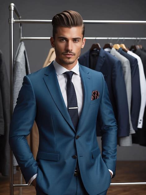 Premium AI Image | A man is modeling in a suit with a clothes rack ...