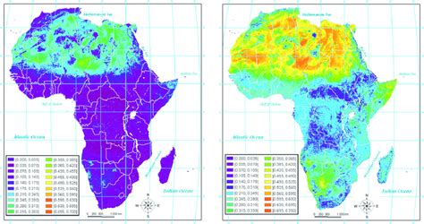 Calculated bare soil albedo maps in (left) the visible and (right) the ...