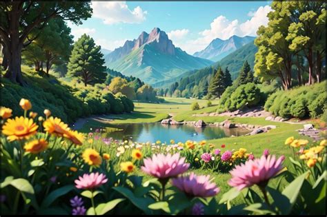 Premium AI Image | A painting of flowers in front of a mountain