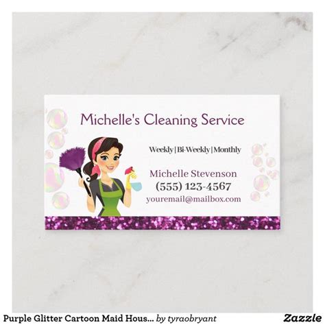 a business card with a cartoon character holding a hairdryer and cleaning products on it