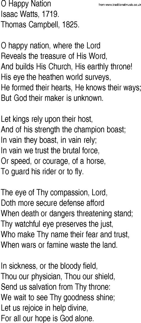 Hymn and Gospel Song Lyrics for O Happy Nation by Isaac Watts