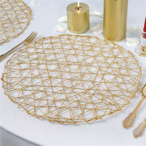 15" Gold Metallic String Woven Placemats | Round Table Placemats | tableclothsfactory
