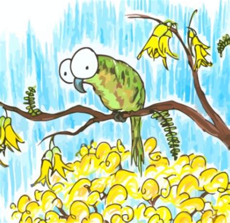 kakapo-in-a-kowhai-tree | bluebison.netbluebison.net