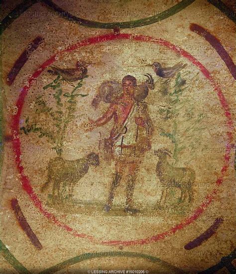 Romanized Christ as Good Shepherd. Fresco in the catacombs of Saint Priscilla, Rome, Italy ...