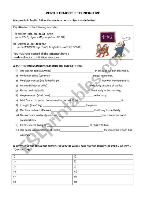 VERB + OBJECT + INFINITIVE (explanation, exercises & solution) - ESL worksheet by helenarechena