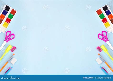 Flat Lay from a Variety of Stationery on a Blue Background Stock Image - Image of buying ...