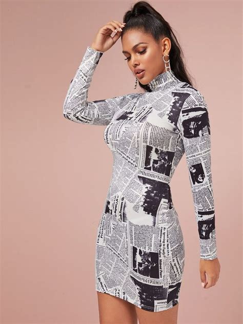 Newspaper Print High Neck Slim Dress in 2021 | Newspaper print dress, Dresses, Slim dresses