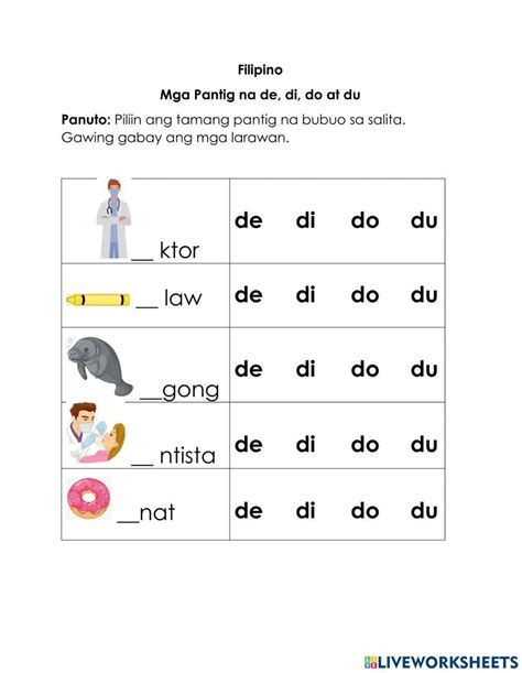 Mga pantig na de, di, do at du worksheet | Worksheets for grade 3, Worksheets, Workbook