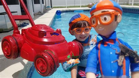 Blippi Dressed Toddler Blippi Surfing on a Lawn mower in a Pool with Lizards Song - YouTube