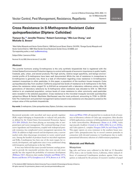 (PDF) Cross Resistance in S-Methoprene-Resistant Culex quinquefasciatus (Diptera: Culicidae)