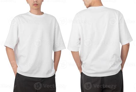 Young man in blank oversize t-shirt mockup front and back used as ...