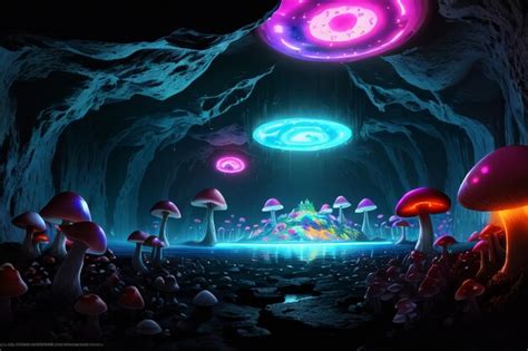 Premium AI Image | A dark cave with a mushroom and a mushroom with a blue and purple light.