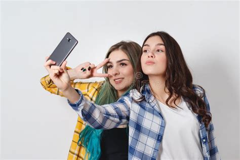 Two Young Women Taking Selfie with Mobile Phone. on White Stock Image - Image of phone, mobile ...