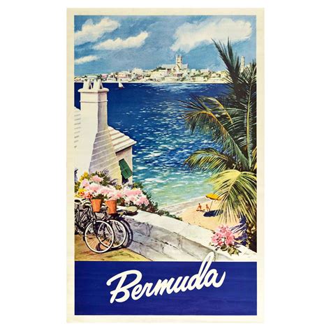 Original Vintage Travel Poster Bermuda Island Ocean View Sailing Beach Cycling For Sale at ...