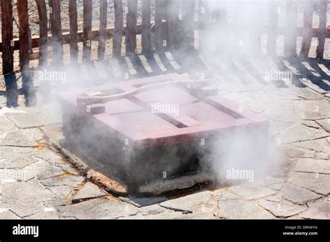 Traditional Maori Hangi cooking oven in a geothermal steam vent ...