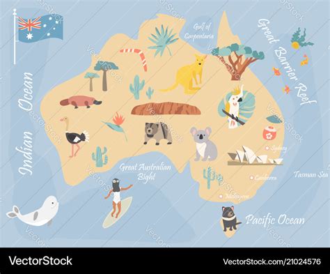 Map of australia with landmarks and wildlife Vector Image