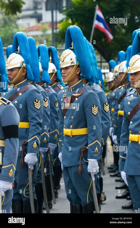 Thai soldiers in parade uniforms during an official ceremony in Bangkok ...