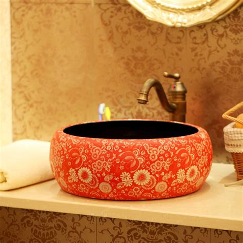 Ceramic wash basin counter basin art basin vintage handmade round kitchen sink 1202(China ...