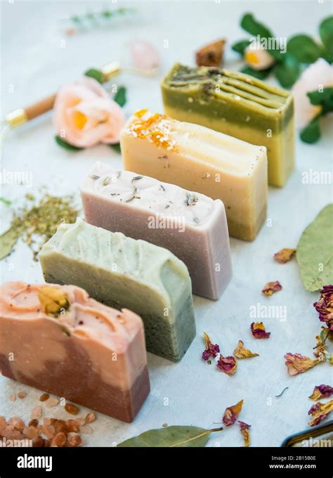 Organic natural soap bars with plants extracts, handmade soaps Stock Photo - Alamy