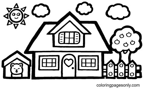 House and Sun for Children Coloring Page - Free Printable Coloring Pages