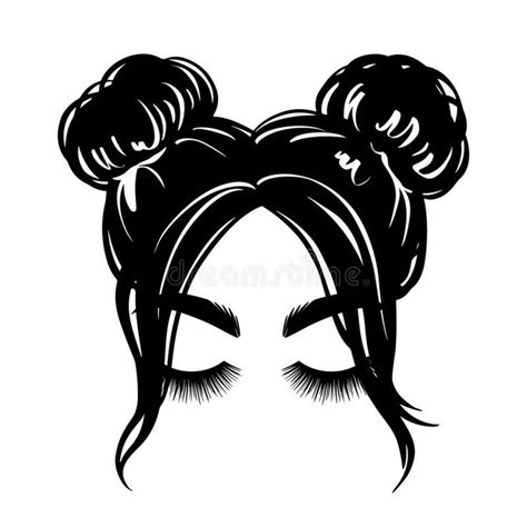 Messy hair bun, vector woman silhouette. Beautiful girl drawing illustration. Female hairstyle ...