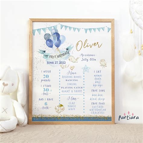 1st Birthday Milestone Chart Printable Boy Pastel Blue Silver - Etsy